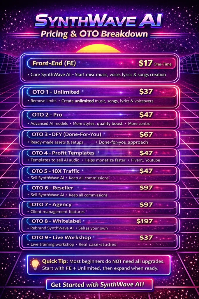 Pricing & Oto Breakdown SynthWave AI