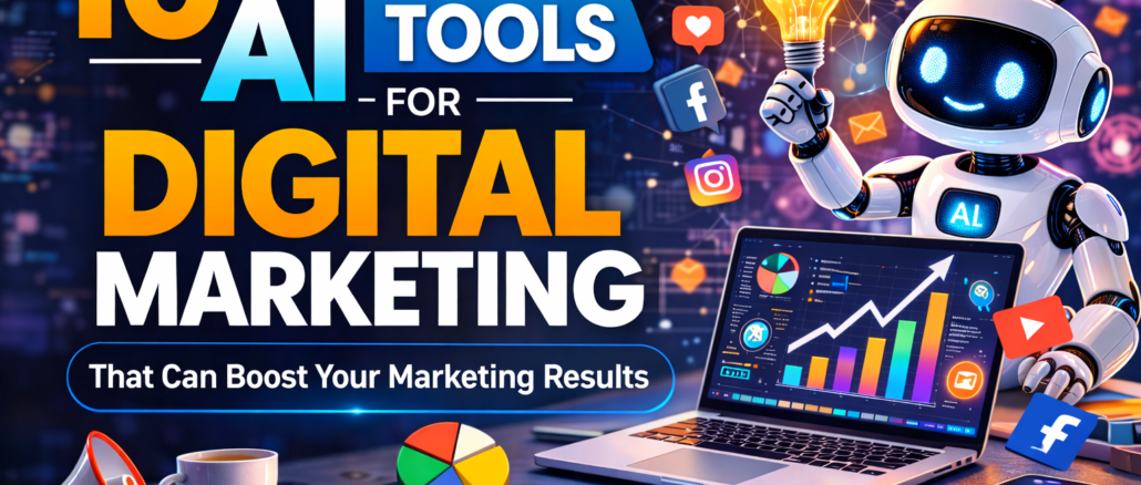 “10 powerful AI tools for digital marketing illustration showing a robot, marketing analytics dashboard, social media icons, and business growth charts.”