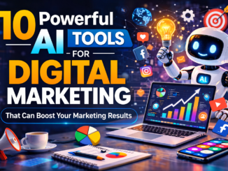 “10 powerful AI tools for digital marketing illustration showing a robot, marketing analytics dashboard, social media icons, and business growth charts.”