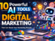 “10 powerful AI tools for digital marketing illustration showing a robot, marketing analytics dashboard, social media icons, and business growth charts.”
