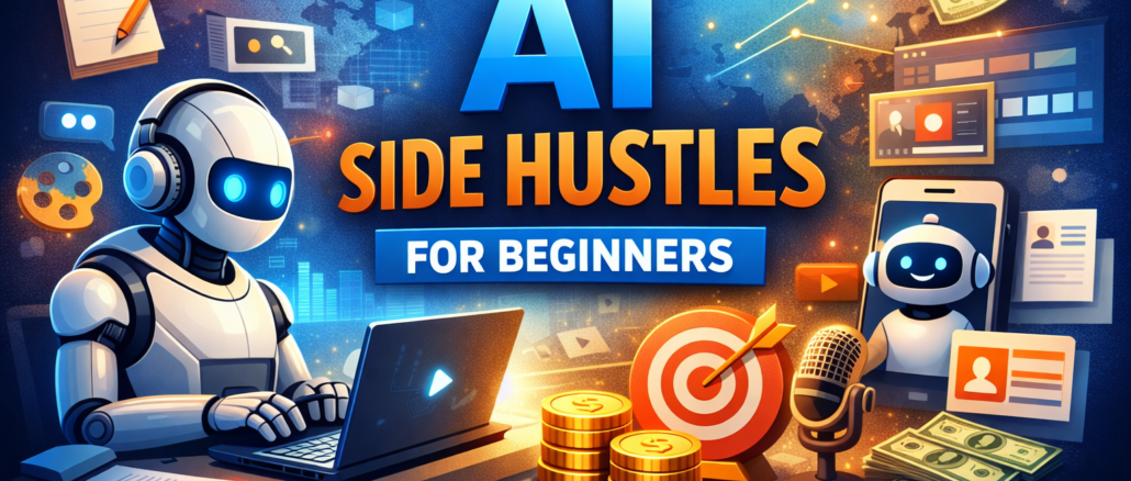 AI Side Hustles for Beginners illustration showing online income ideas, AI tools, freelancing, and digital earnings