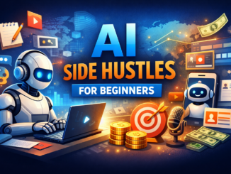 AI Side Hustles for Beginners illustration showing online income ideas, AI tools, freelancing, and digital earnings