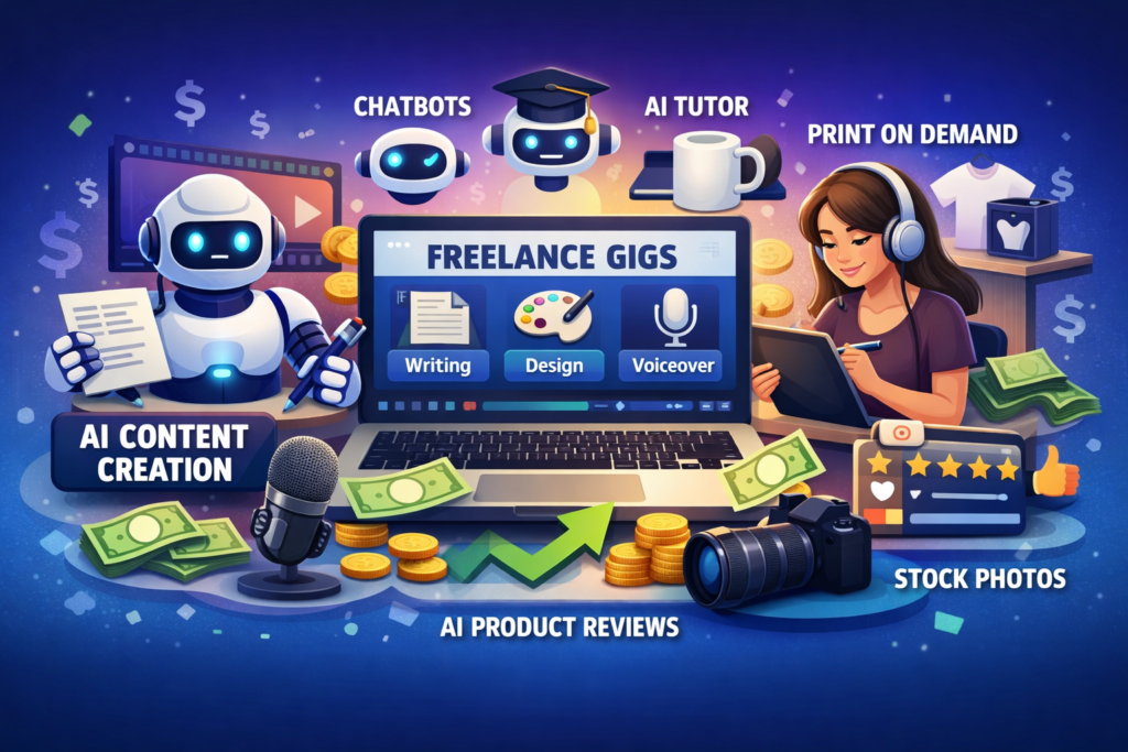 AI Side Hustles for Beginners showing freelance gigs, AI content creation, design, and online earning ideas