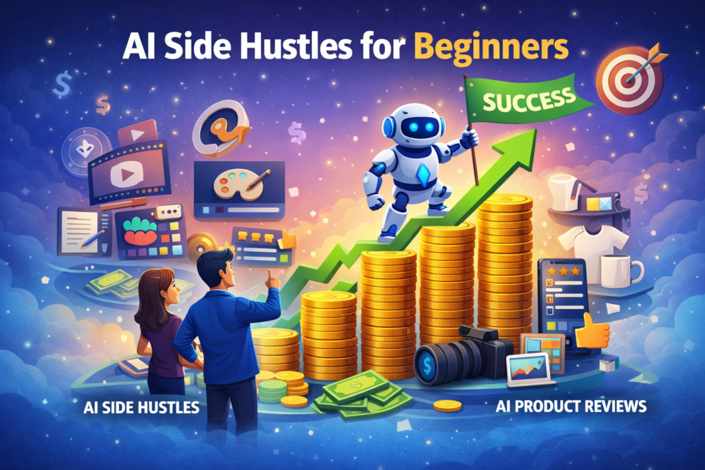 AI Side Hustles for Beginners showing growth, online income, freelancing, and AI-powered earning opportunities