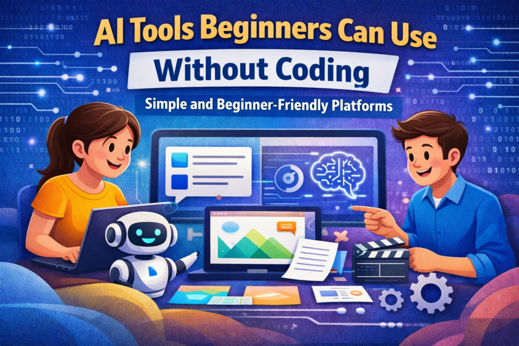 AI Tools Beginners Can Use Without Coding concept illustration showing beginners exploring simple AI platforms