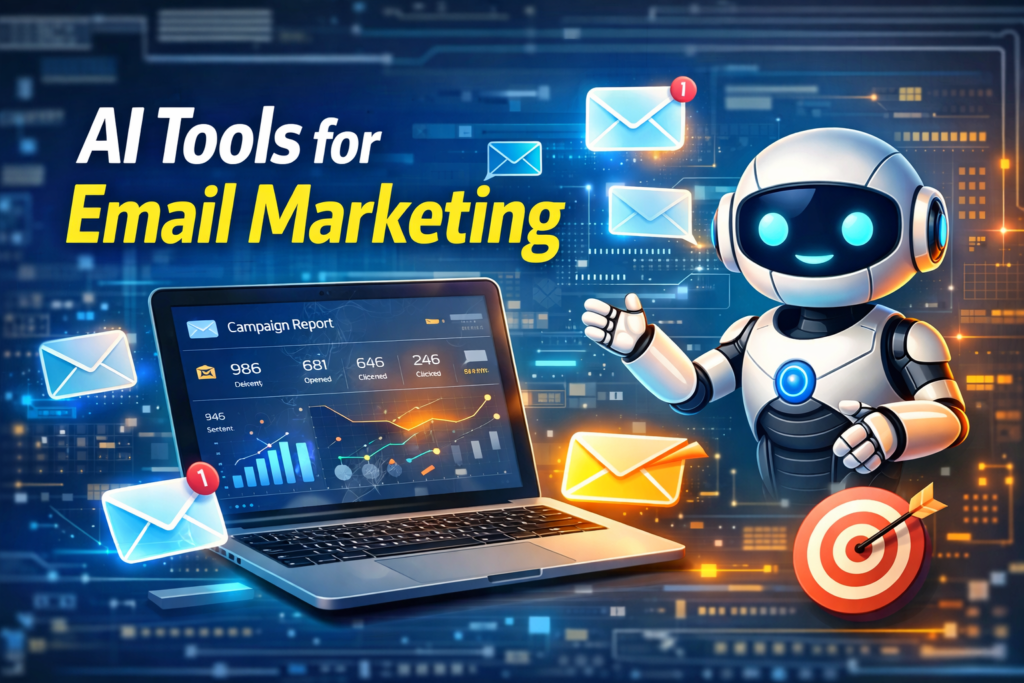 AI Tools for Email Marketing showing automation dashboard, email campaigns, analytics, and AI optimization