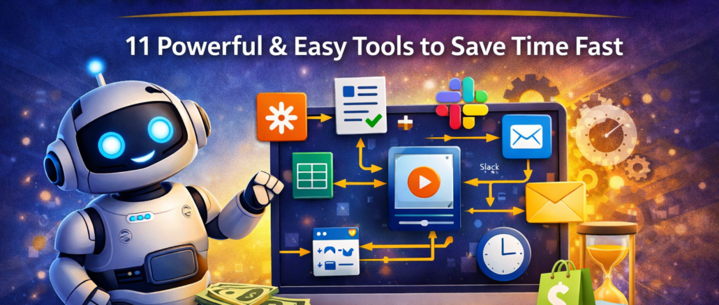 AI Tools for Small Business Automation feature image showing AI robot managing automated workflows, business apps, and productivity tools on a digital dashboard