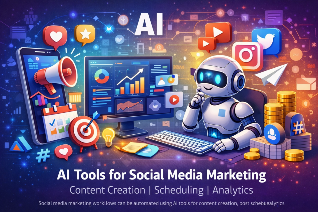 AI Tools for Social Media Marketing dashboard showing automation, analytics, and content creation features