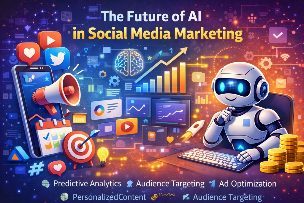 AI Tools for Social Media Marketing showing predictive analytics, audience targeting, and automation dashboard