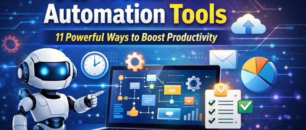 AI Workflow Automation Tools dashboard showing automated tasks, workflow processes, and productivity tools with AI robot and laptop interface