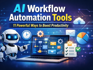 AI Workflow Automation Tools dashboard showing automated tasks, workflow processes, and productivity tools with AI robot and laptop interface