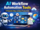 AI Workflow Automation Tools dashboard showing automated tasks, workflow processes, and productivity tools with AI robot and laptop interface