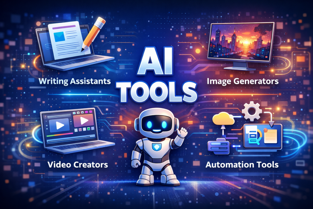 AI tools categories including writing assistants, image generators, video creators, and automation tools explained with a robot illustration.