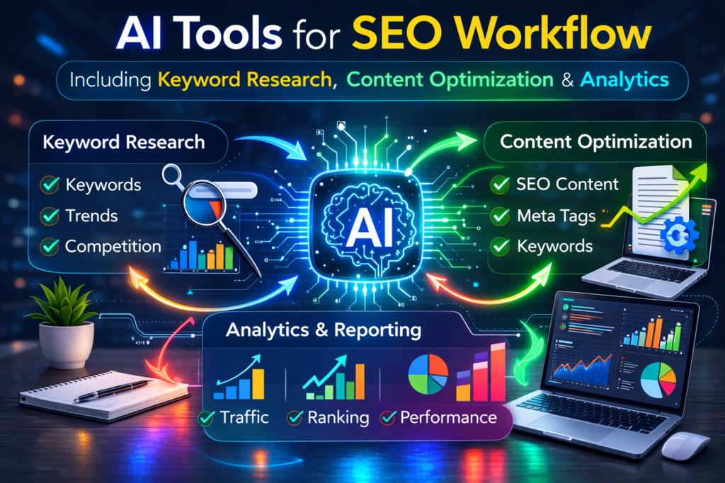 AI tools for SEO workflow including keyword research content optimization and analytics