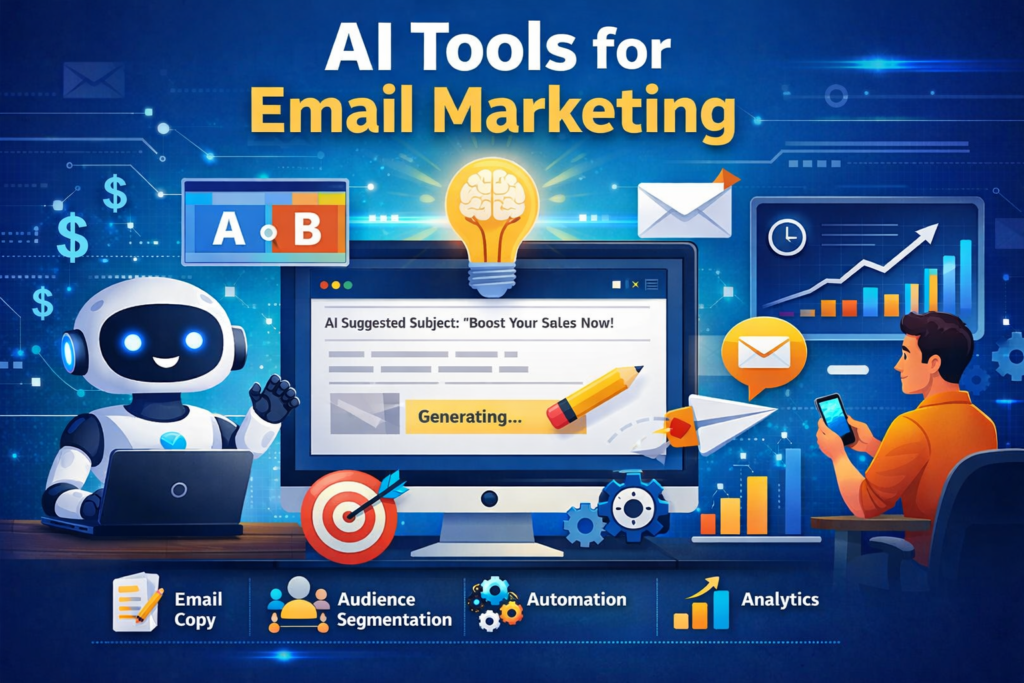 AI tools for email marketing illustration showing automation, email copywriting, analytics, and segmentation