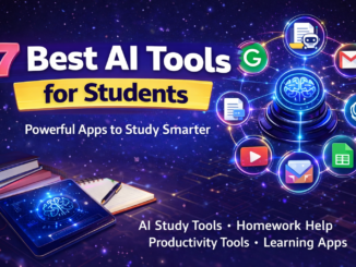 Best AI Tools for Students infographic showing 7 AI study tools for writing, research, productivity, and homework help on a digital workspace.