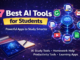 Best AI Tools for Students infographic showing 7 AI study tools for writing, research, productivity, and homework help on a digital workspace.