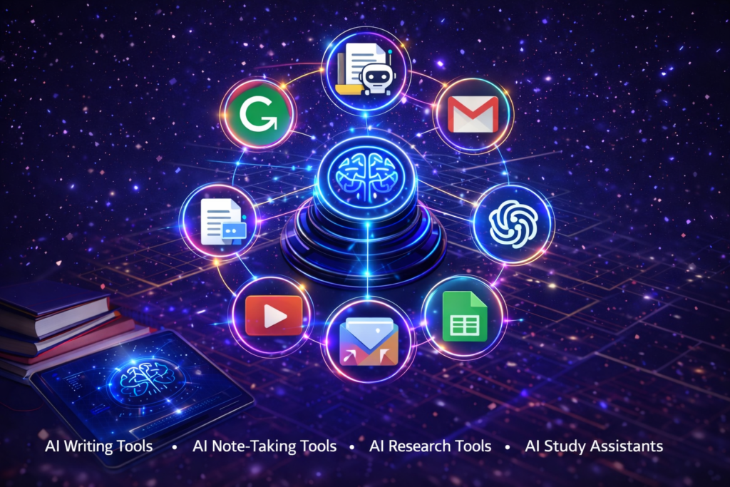 Best AI Tools for Students infographic showing AI writing tools, research tools, note-taking apps, and study assistants.