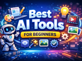 “Best AI tools for beginners illustration featuring a friendly robot and icons for writing, design, video, and automation on a futuristic digital background.”