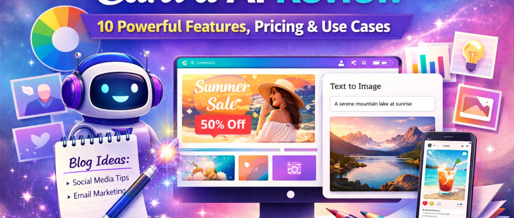 Canva AI Review feature image showing AI design tools, content creation dashboard, templates, and marketing visuals