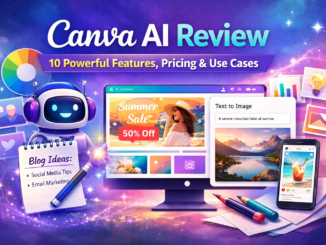 Canva AI Review feature image showing AI design tools, content creation dashboard, templates, and marketing visuals