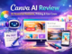 Canva AI Review feature image showing AI design tools, content creation dashboard, templates, and marketing visuals
