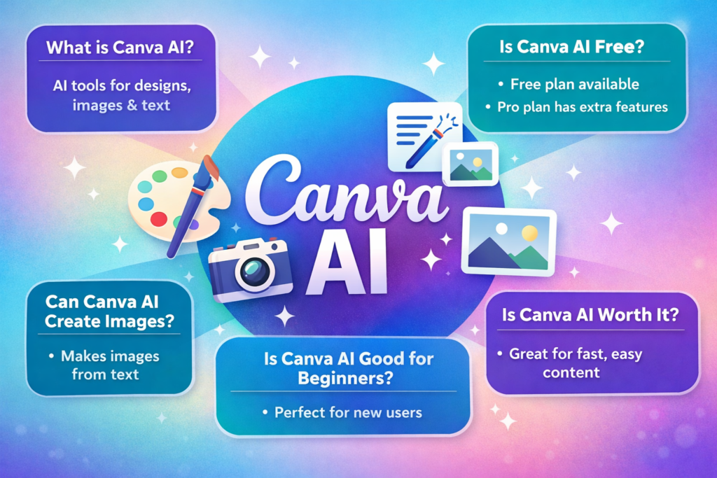 Canva AI review infographic showing features pricing beginner friendly design and AI tools for content creation