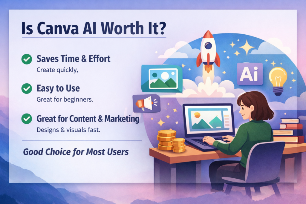 Canva AI worth it infographic showing benefits like fast design creation easy to use tools and content marketing features