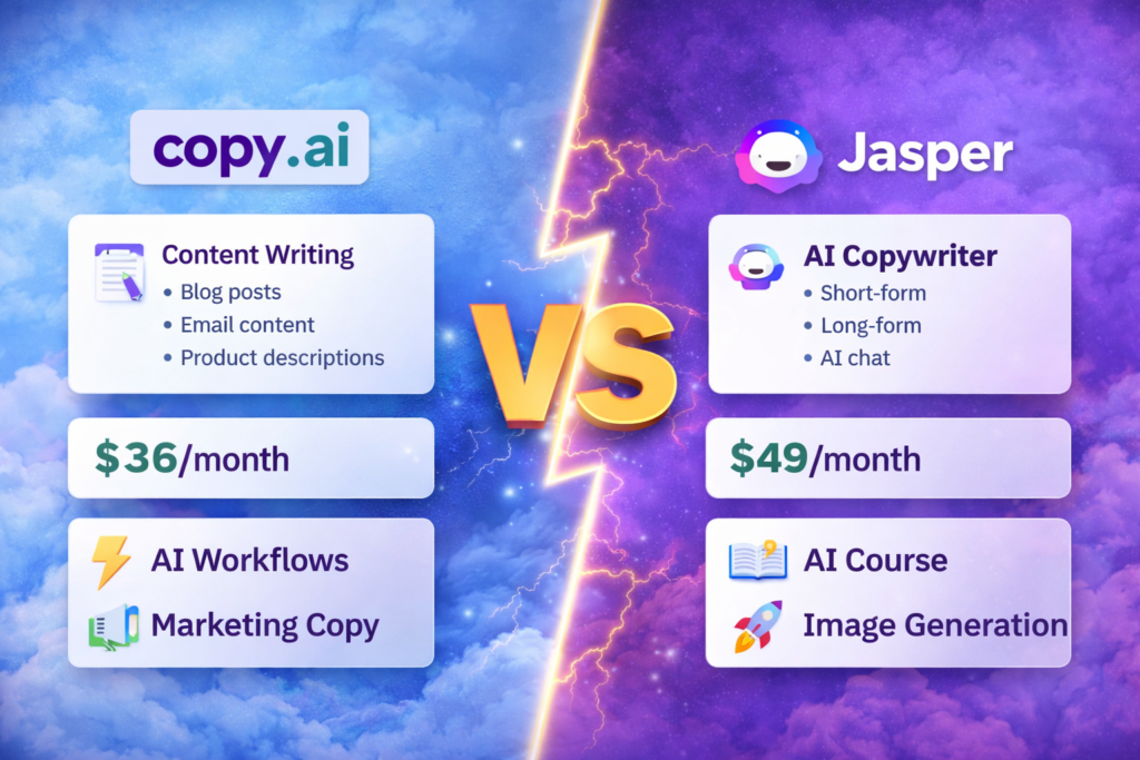 Copy.ai Review comparison showing Copy.ai vs Jasper AI features pricing and AI writing tools