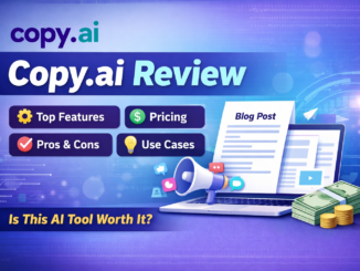 Copy.ai Review feature image showing AI content writing tool dashboard, marketing content creation, pricing, and features overview
