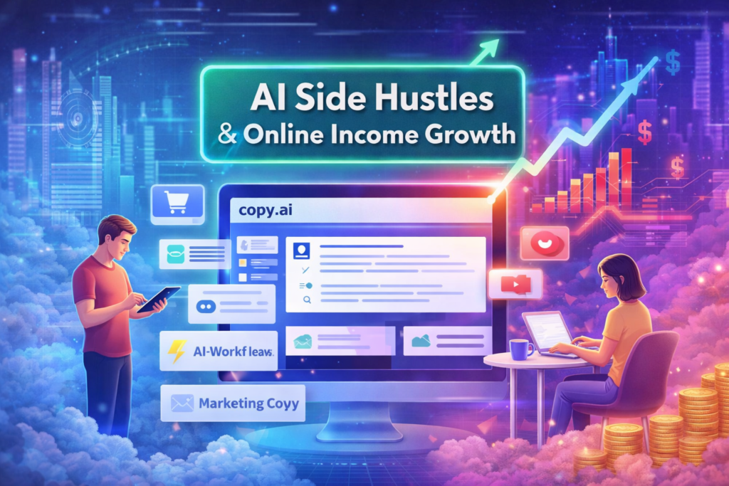 Copy.ai Review showing AI content creation, online income growth, and digital marketing automation tools