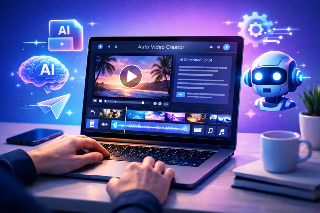 Free AI Video Tools dashboard showing automated video creation on laptop screen