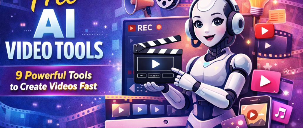 Free AI Video Tools graphic showing AI robot creating videos with digital video editing elements and text highlighting 9 powerful tools