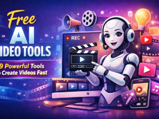 Free AI Video Tools graphic showing AI robot creating videos with digital video editing elements and text highlighting 9 powerful tools