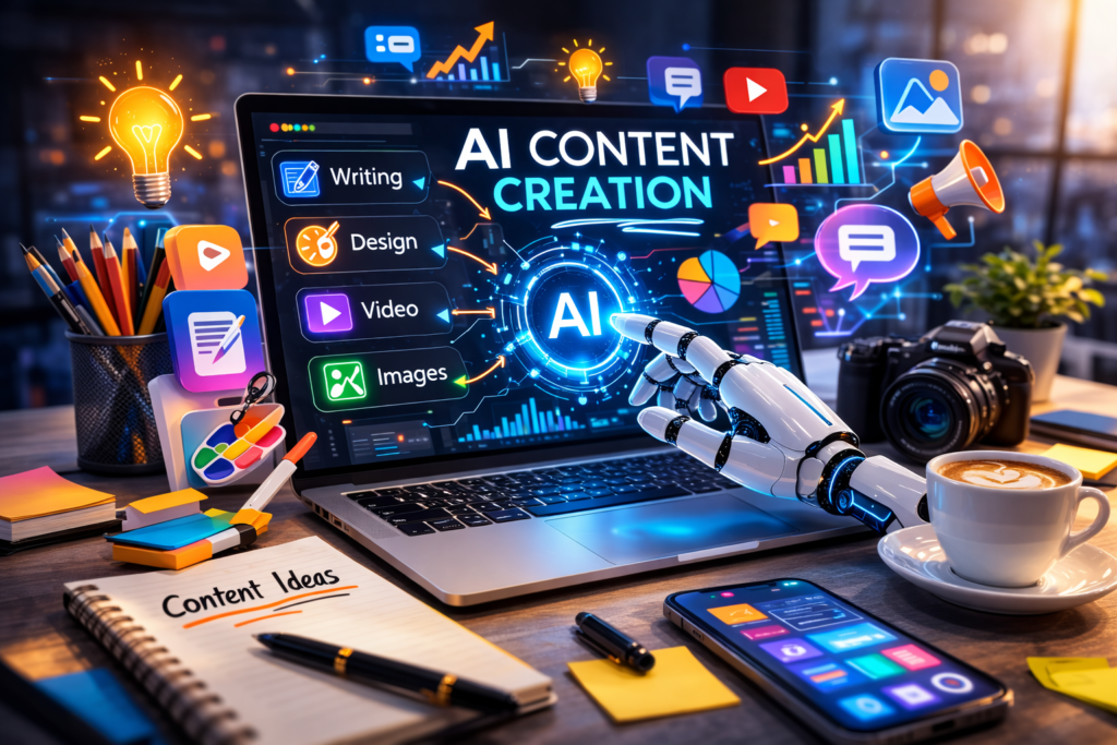 Free AI tools for content creation including writing, design, video, and image generation displayed on a laptop workspace