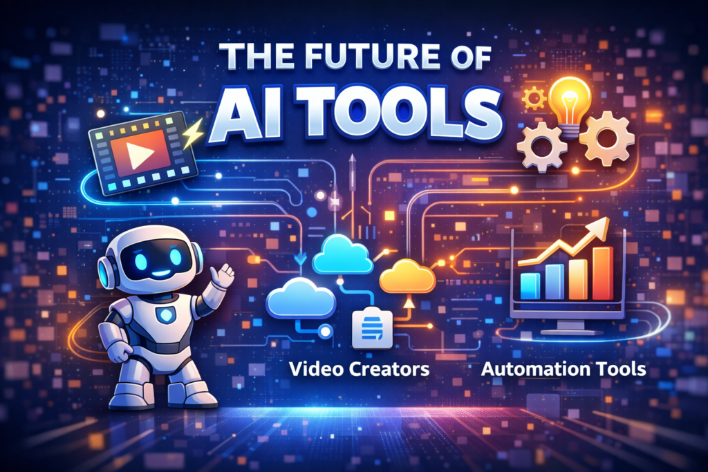 Future of AI tools illustration showing automation, cloud technology, video creation, and data growth powered by artificial intelligence.