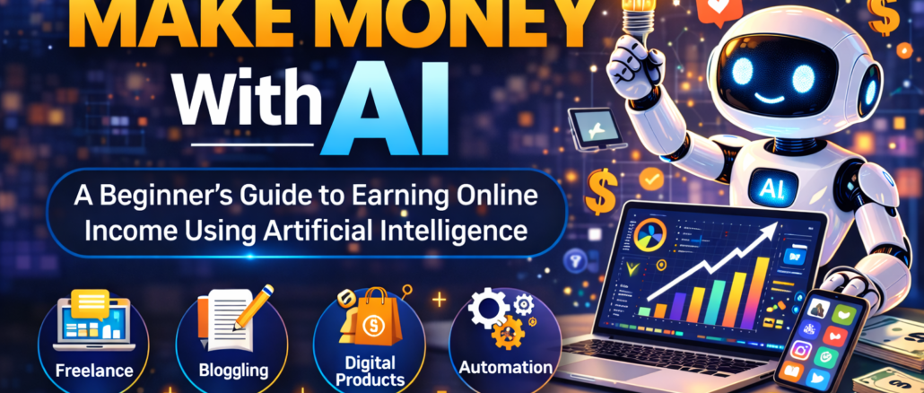 How to make money with AI illustration showing freelancing, blogging, digital products, and automation income methods using artificial intelligence.