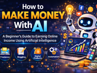 How to make money with AI illustration showing freelancing, blogging, digital products, and automation income methods using artificial intelligence.