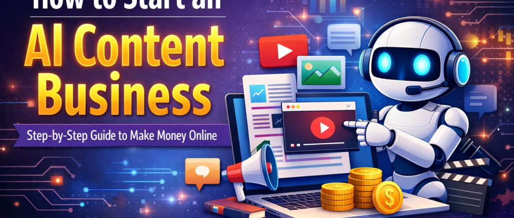 How to start an AI content business feature image showing AI tools, video creation, and online income concept
