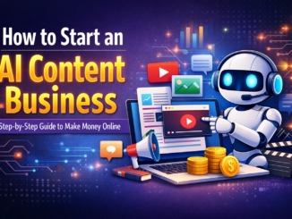 How to start an AI content business feature image showing AI tools, video creation, and online income concept