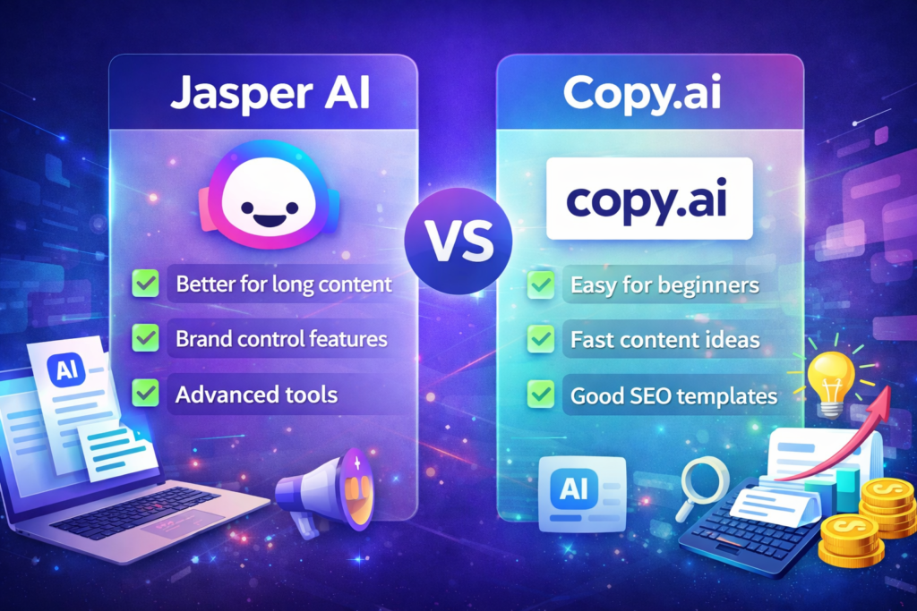 Jasper AI Review comparison showing Jasper AI vs Copy.ai features pricing and AI writing tools