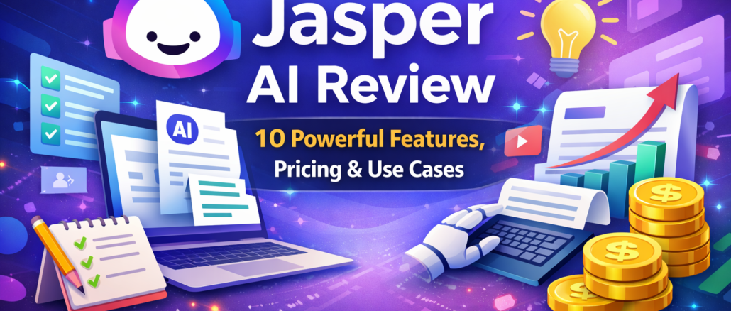 Jasper AI Review feature image showing AI writing tool dashboard, content creation, pricing, and marketing automation features