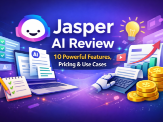 Jasper AI Review feature image showing AI writing tool dashboard, content creation, pricing, and marketing automation features