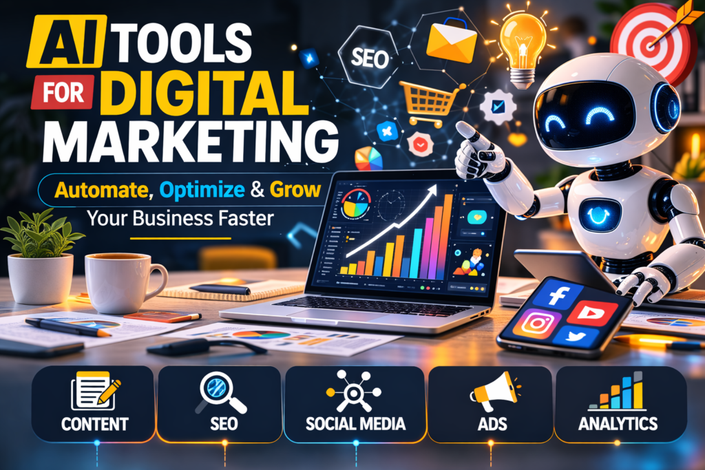 AI tools for digital marketing dashboard showing SEO, content creation, social media marketing, ads, and analytics automation