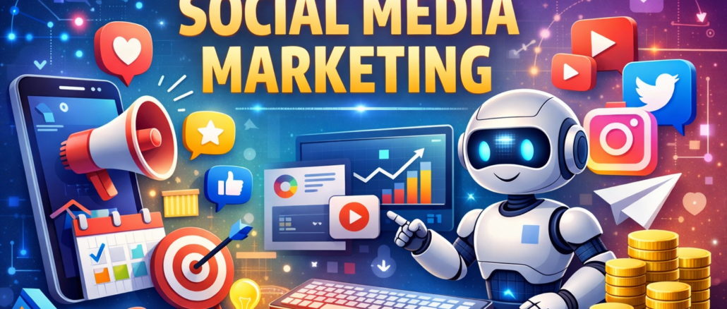 AI Tools for Social Media Marketing dashboard with automation, analytics, and content creation features