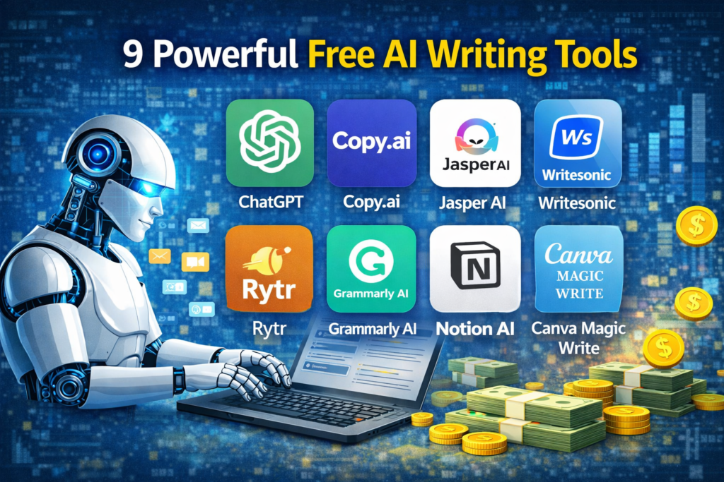 free AI writing tools list including ChatGPT Copy.ai Jasper AI and other content creation tools