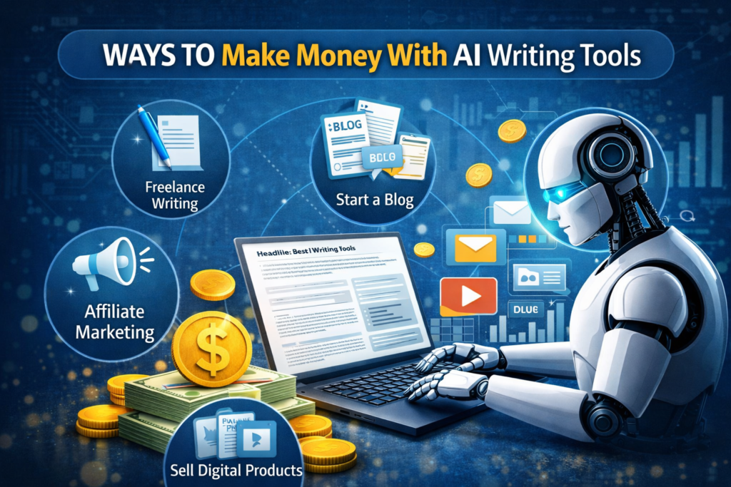 make money with AI writing tools using freelance blogging affiliate marketing and digital products