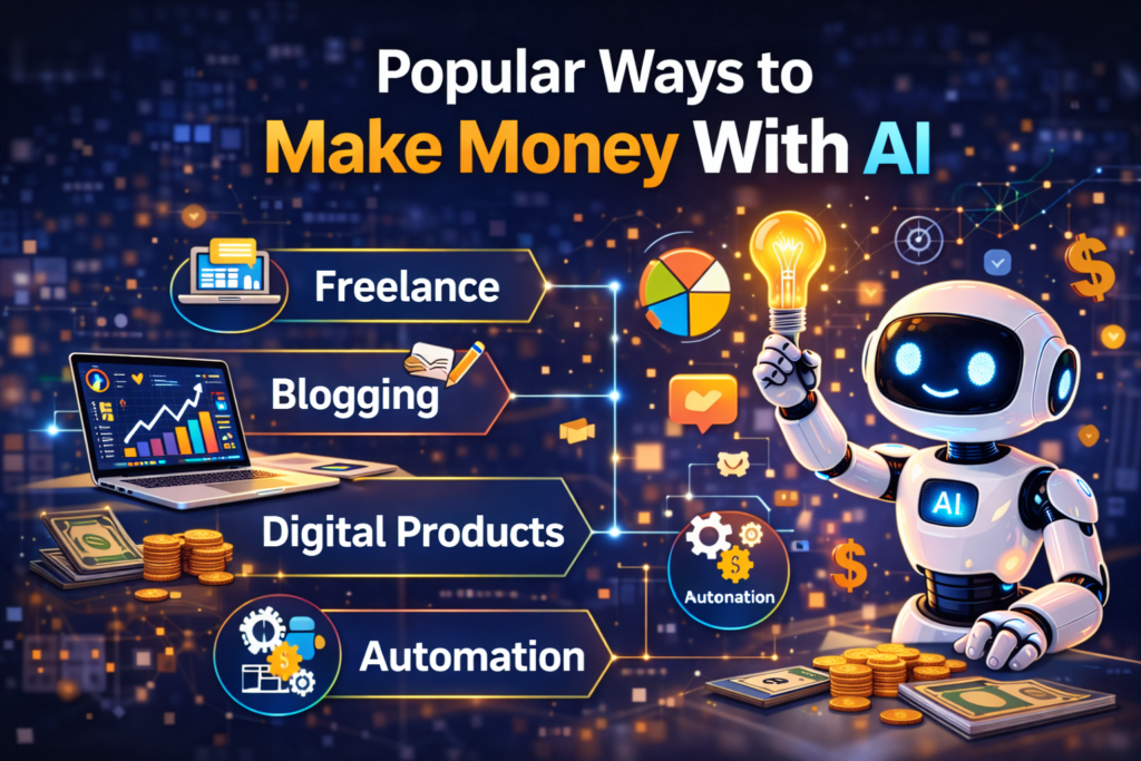 Popular ways to make money with AI including freelancing, blogging, digital products, and automation